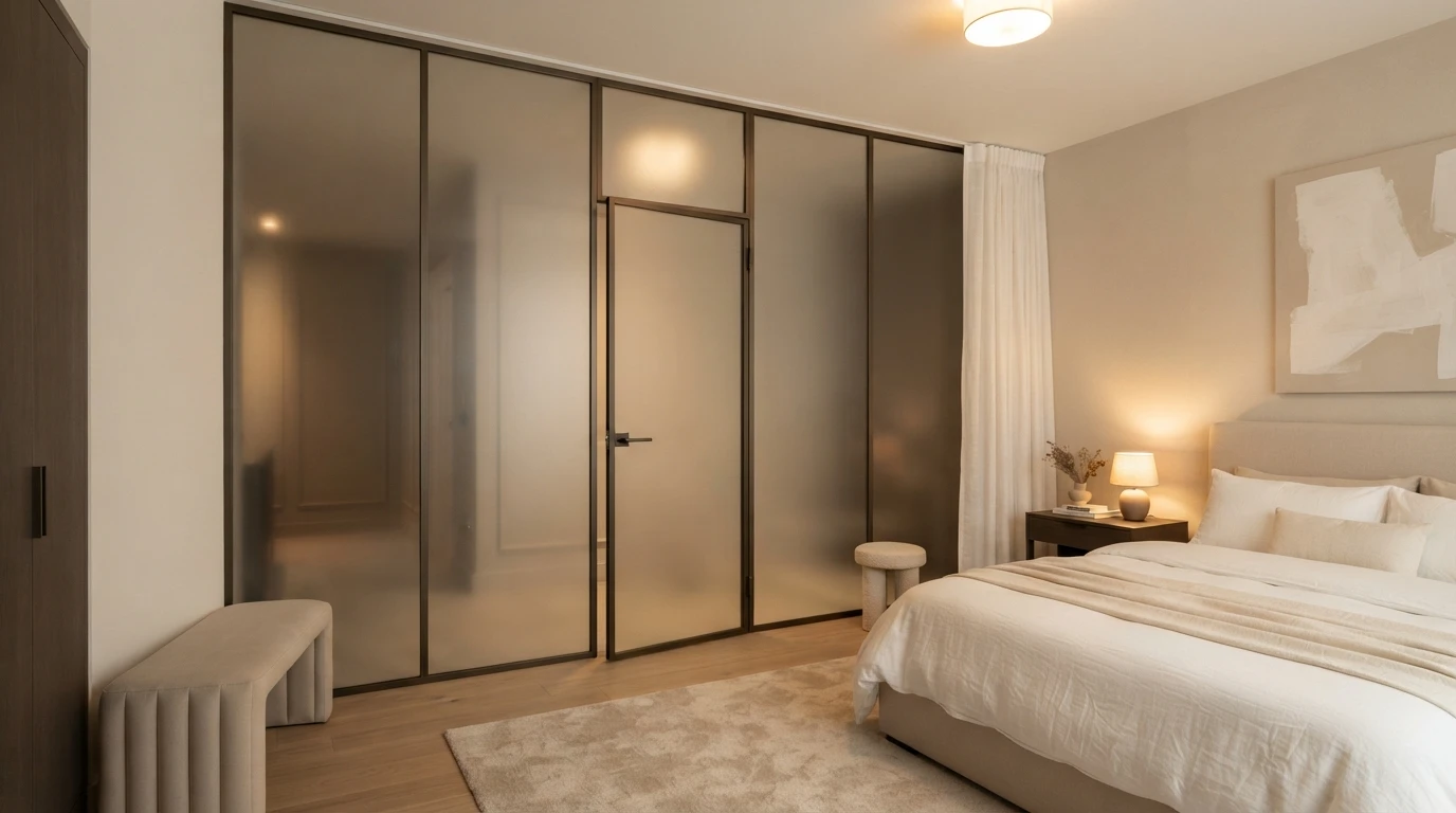 Межкомнатная дверь в гостиную — белое матовое стекло — в спальне